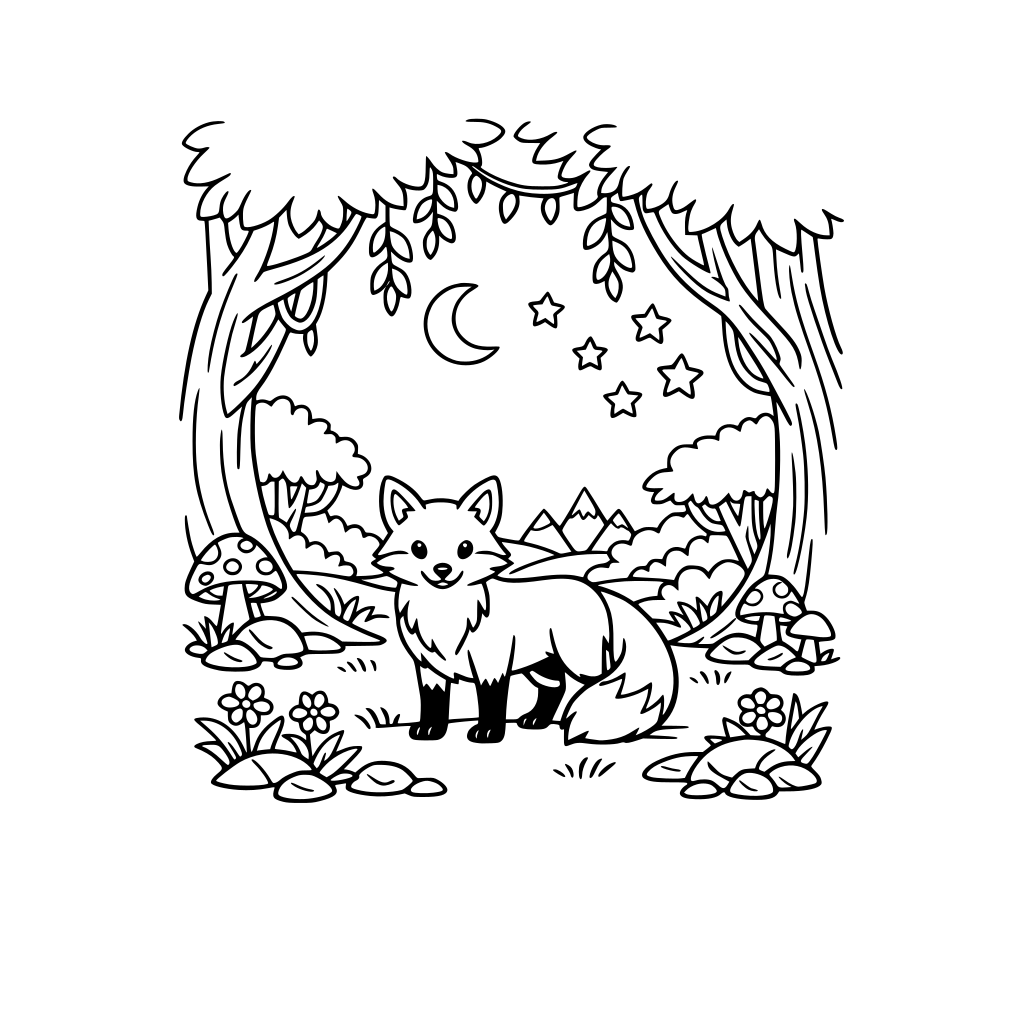 A fox in a magical forest far from the screen