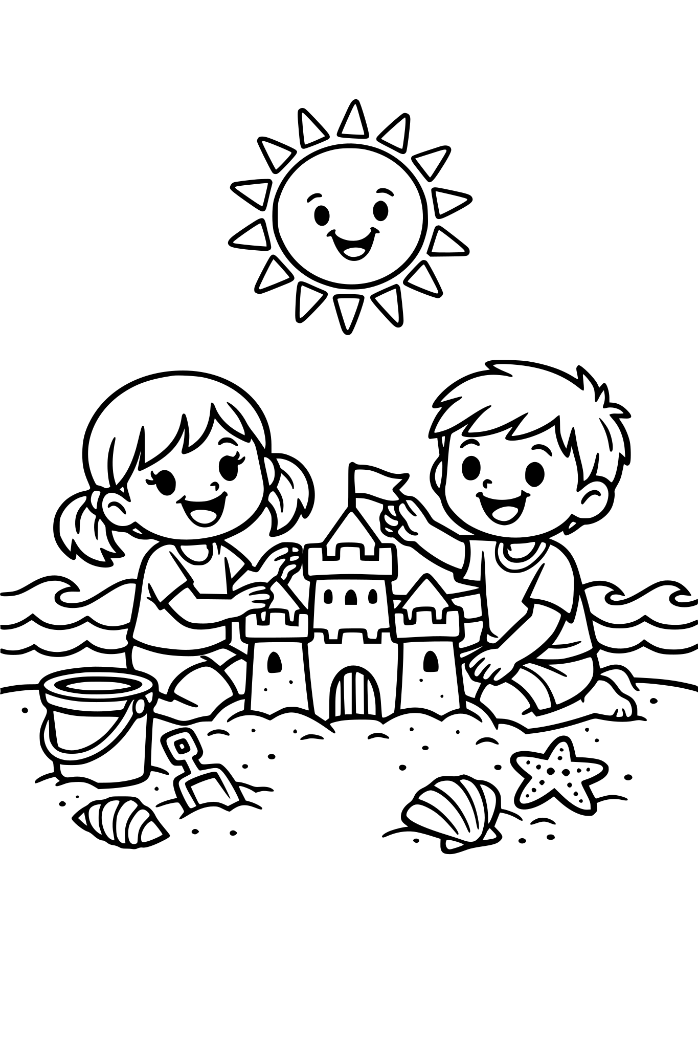 cute kids coloring page, happy girl and boy building a sandcastle at the beach, bucket and shovel in the sand, seashells and starfish around, waves and smiling sun in the sky, simple shapes, thick outlines, black and white coloring book illustration