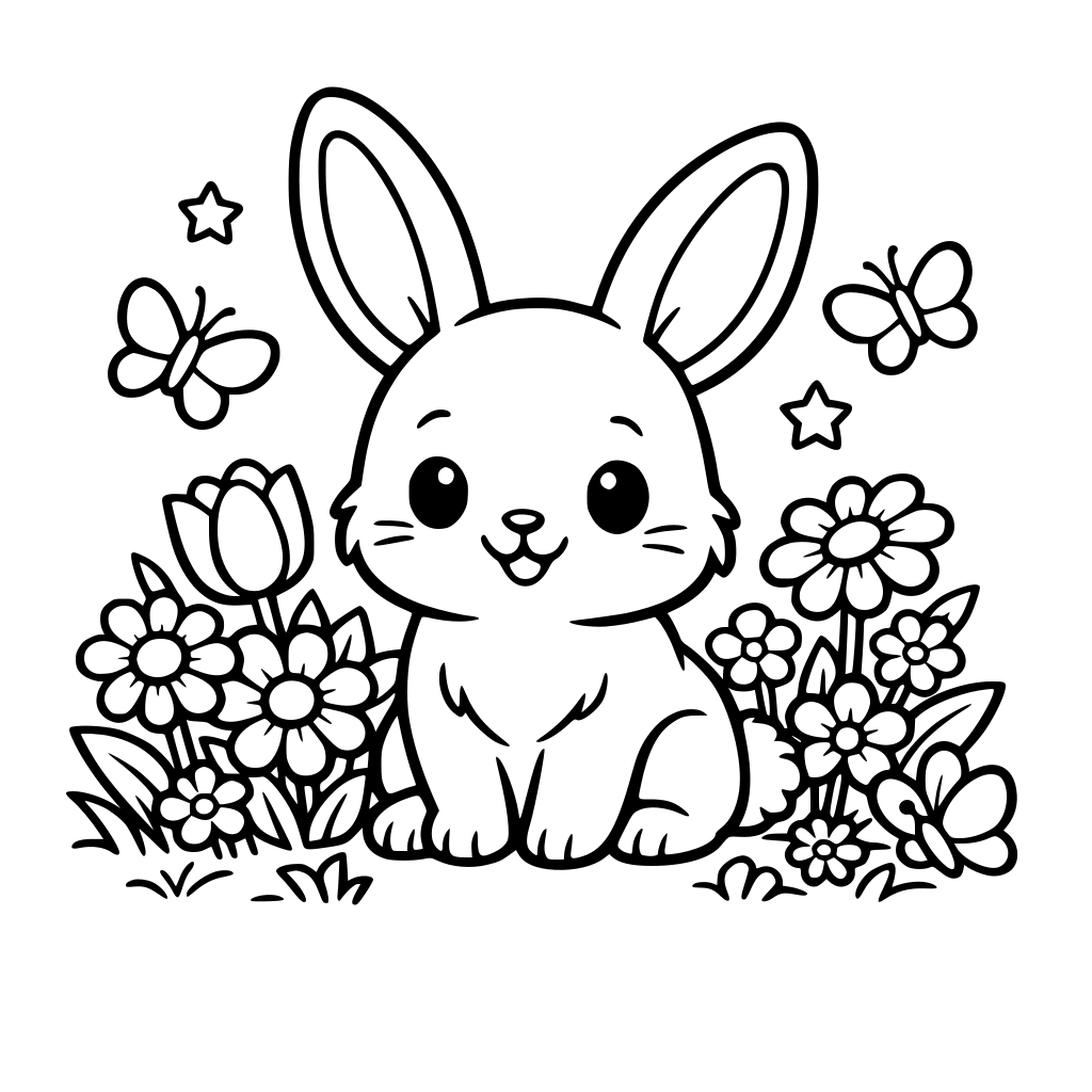 A cute rabbit in a spring garden with flowers and butterflies