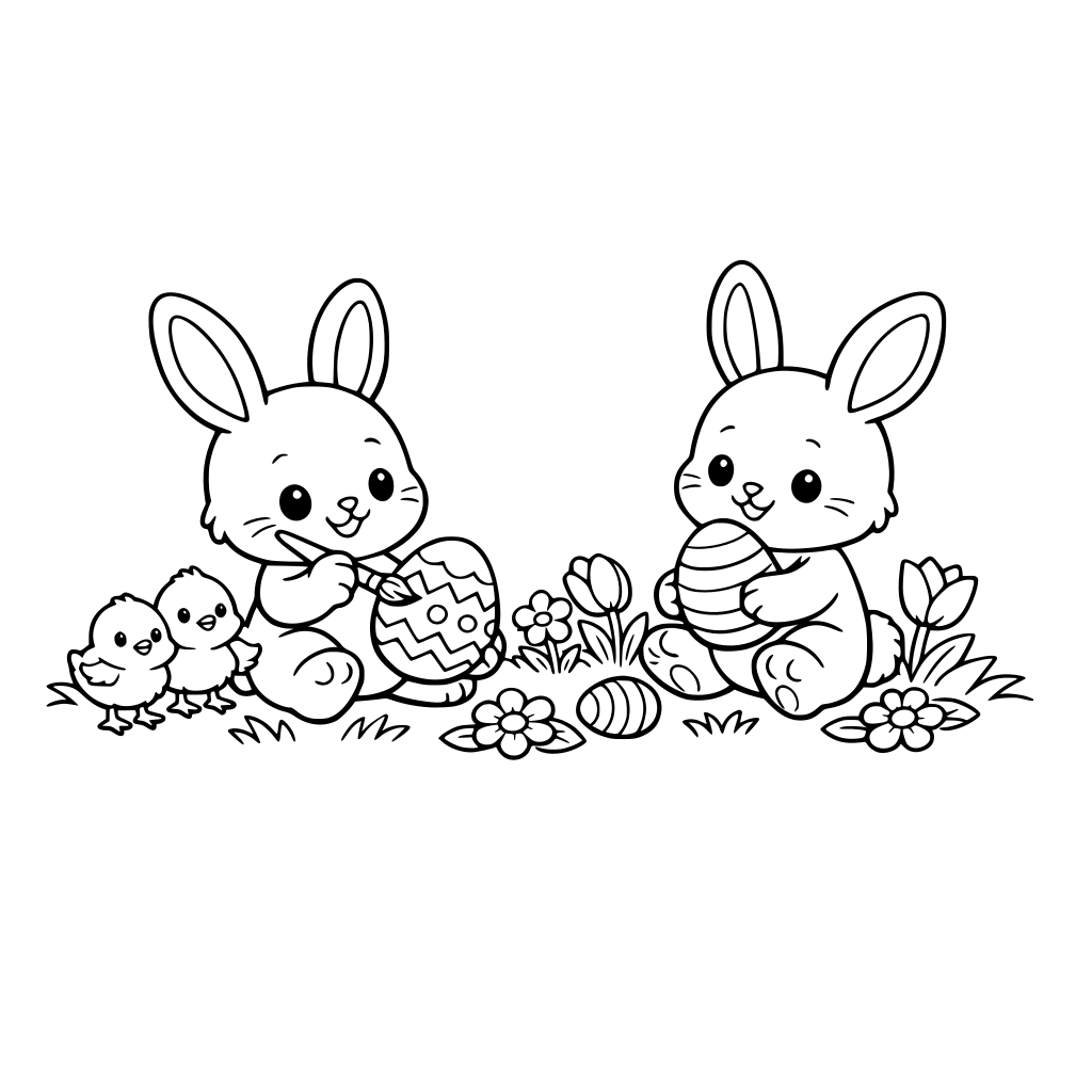 Zwei Osterhasen auf einer Wiese, einer bemalt mit einem Pinsel ein Ei. Daneben stehen 3 Küken und zusätzlich ein paar Blumen. Die Osterhasen sollen süß und kindgerecht sein
