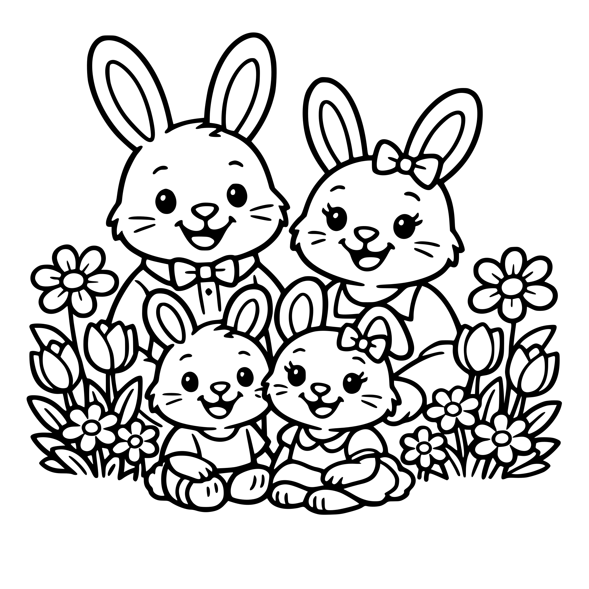 Happy Easter rabbit family posing together. Papa rabbit, Mama rabbit, and two baby bunnies smiling. Background with simple spring flowers. [Estilo Clave]