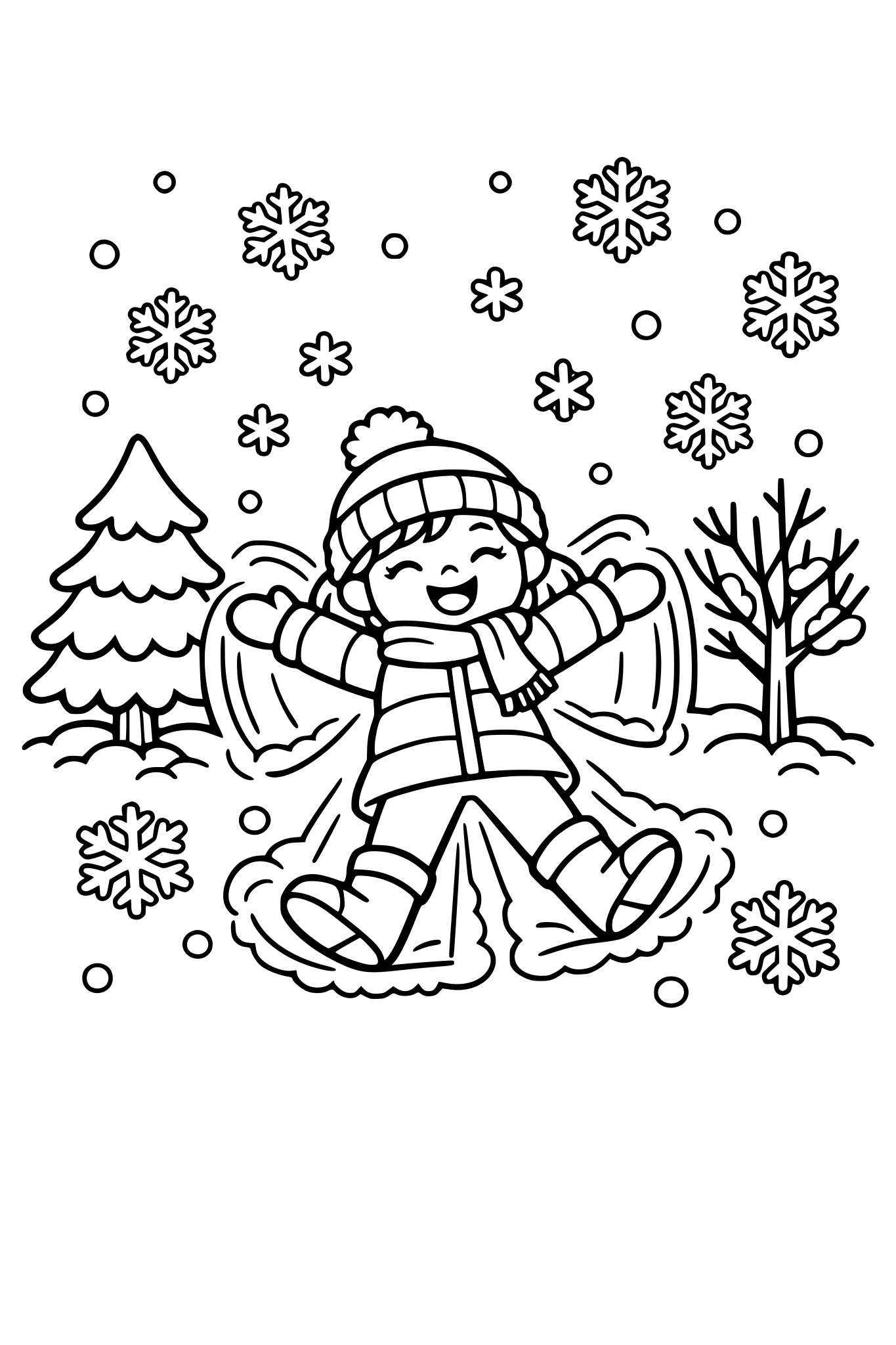 cute kids coloring page, happy girl lying in the snow making a snow angel, snowflakes falling from the sky, winter trees nearby, simple shapes, thick outlines, black and white coloring page