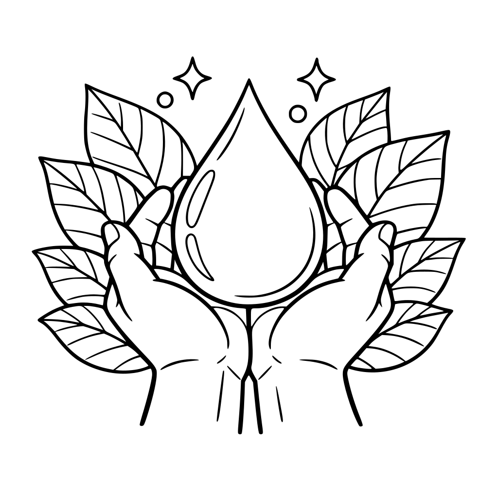 Kropla wody trzymana w dłoniach na tle liści