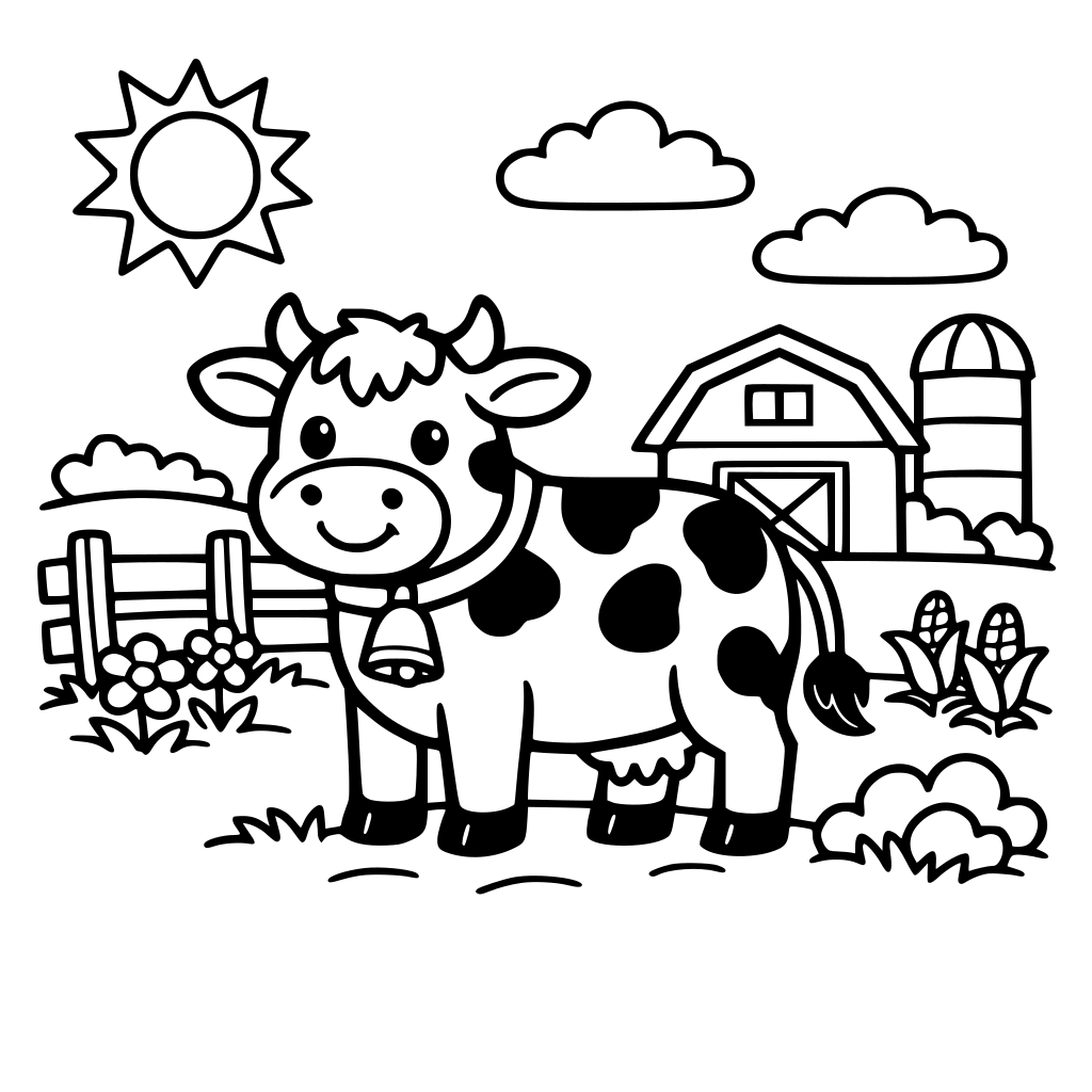 Create a simple coloring book page of cow, farm scene