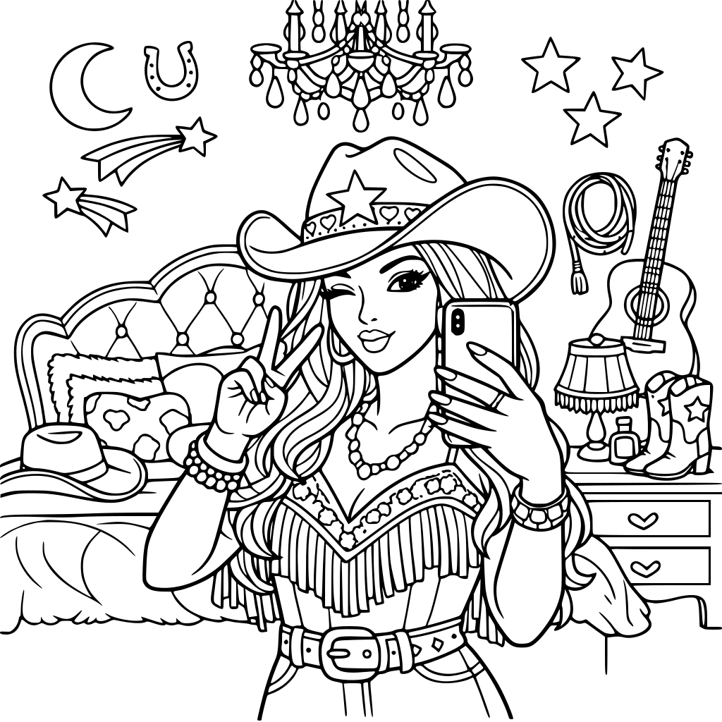 A glitter cowgirl selfie aesthetic fantasy master bedroom for girls & women