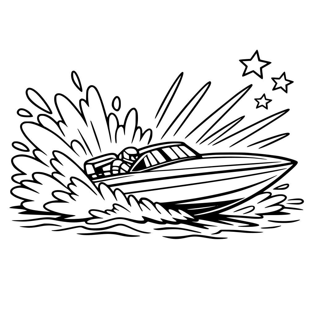 peedboat zooming across water with big splash lines.