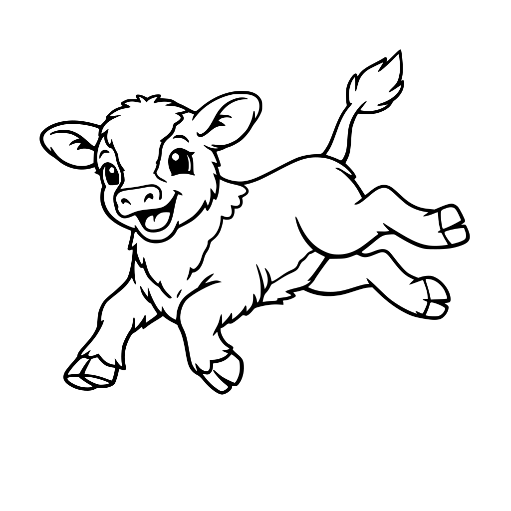 Hereford calf running throught the field, tail up high in the air, kicking legs out to the side, joyful, playful energy
