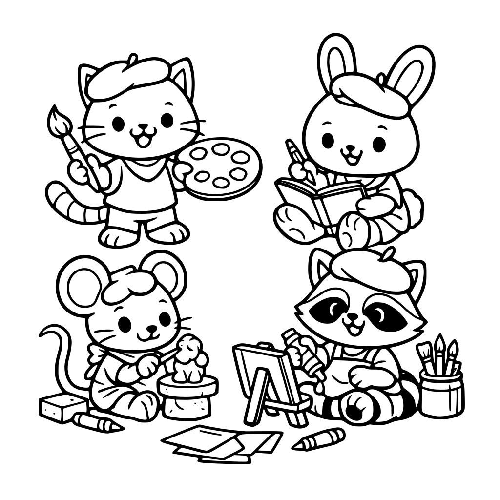 Cartoon line art tiny artists as animals