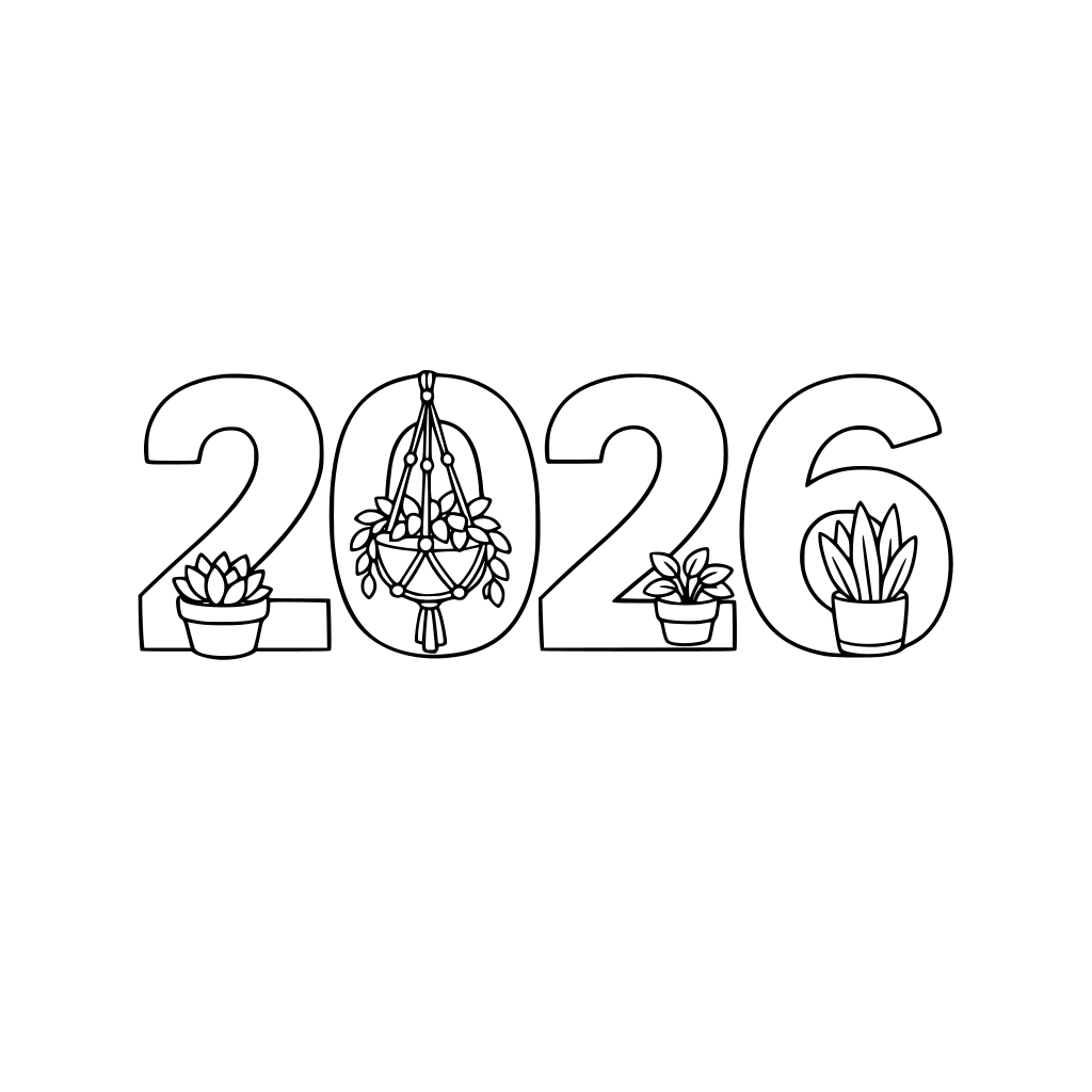 2026 numbers with hanging plants and potted plants integrated into the numbers, clean black and white coloring book style, simple line art, minimal details, white background