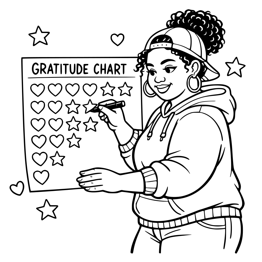 “urban young Black plus-size girl creating a gratitude chart with hearts and stars, line art for coloring page, simple outlines, 8.5x11 inches”