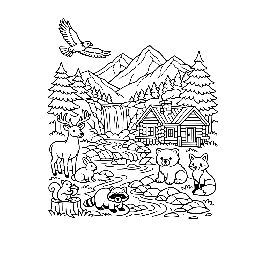 mountains forest forest animals log cabin river and waterfall