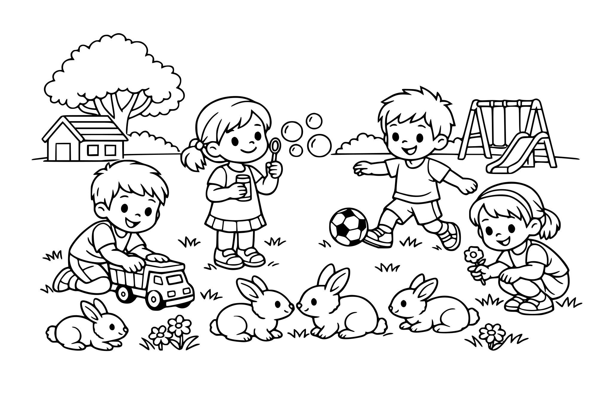 4 kindjes die spelen in de tuin met mooi weer terwijl er konijntjes spelen in het gras