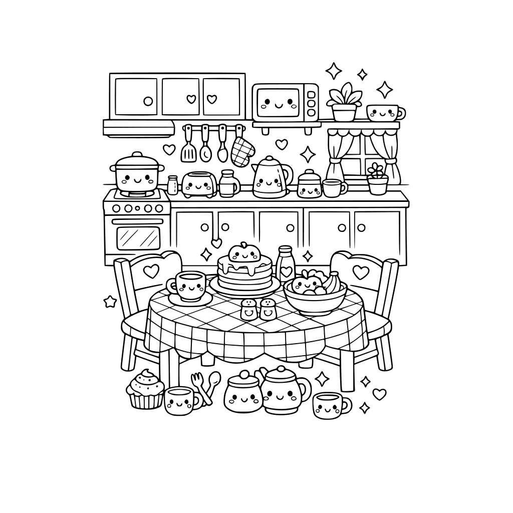 cute kawaii kitchen and dining. no animals.