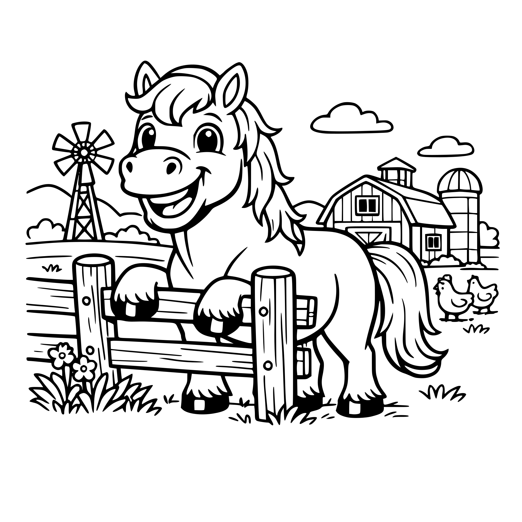 Cute horse smiling, standing near a wooden fence with background of farm