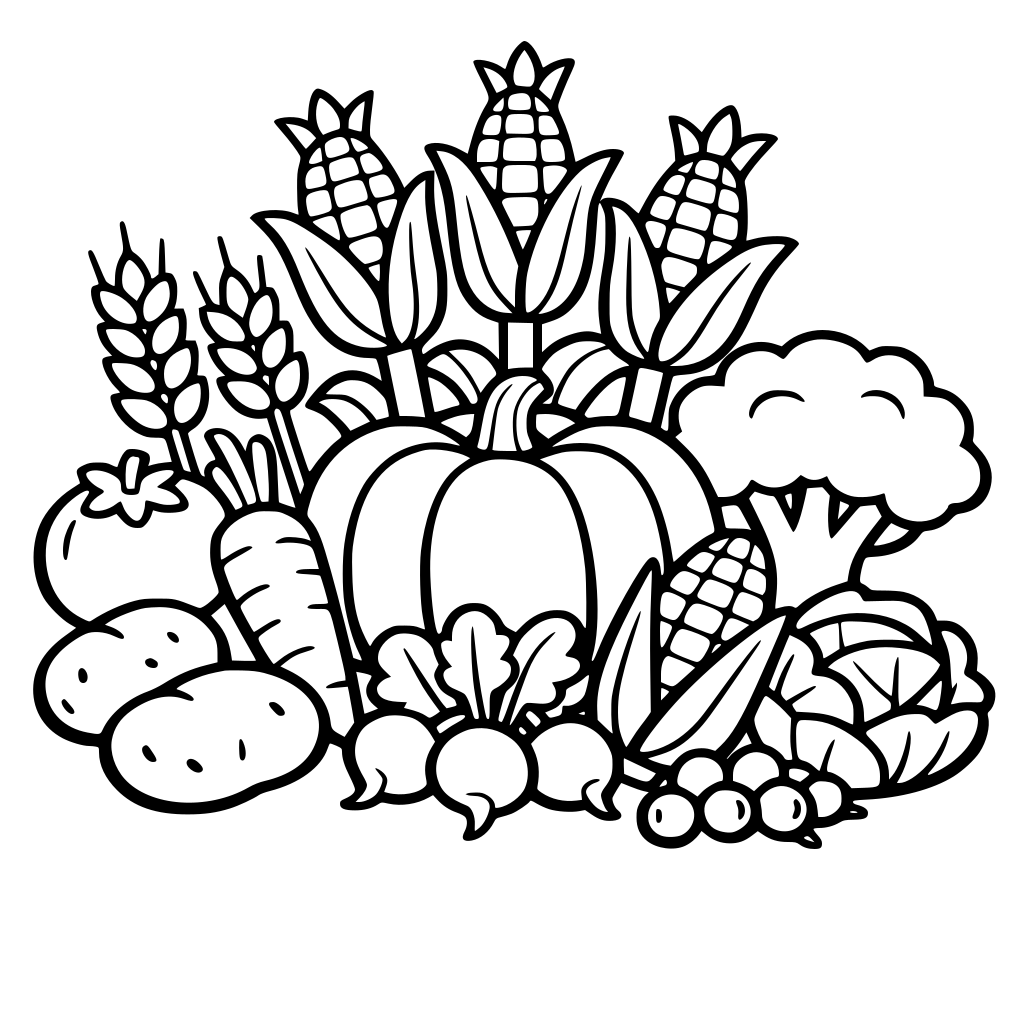 Cute farm‑themed colouring page with very bold, thick outlines, simple shapes, minimal details, large open spaces for easy colouring, child‑friendly cartoon style, clean black‑and‑white line art, no shading, no background clutter. Main subject: veg and crop