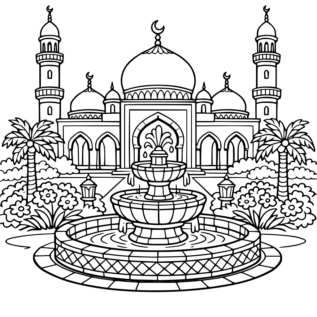 UNE mosquée style arabe avec une fontaine dans un jardin