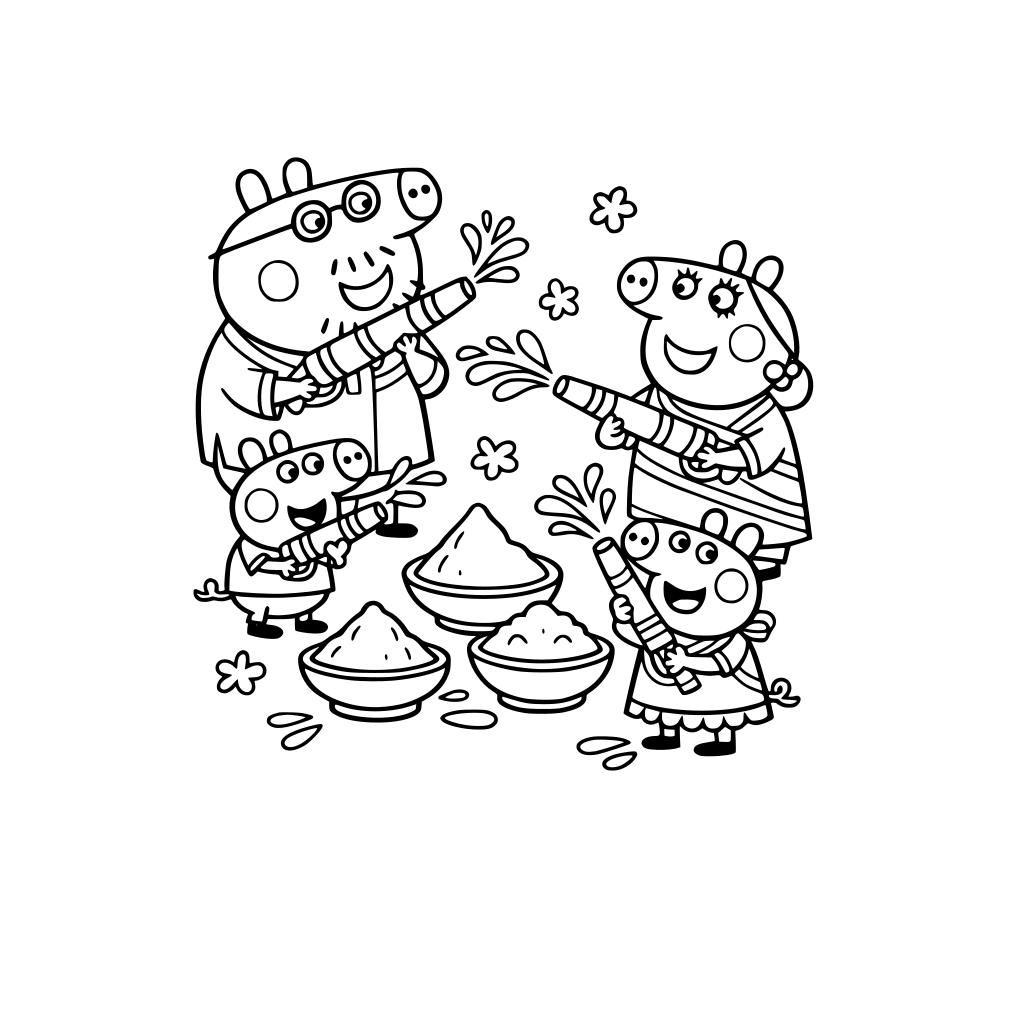 Peppa pig and family celebrating the Hindu Indian festival of Holi by playing colors with pichkari - a traditional water gun used during the Hindu festival of Holi.