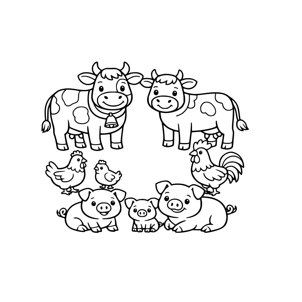 Cows cows, chickens and pigs on the farm