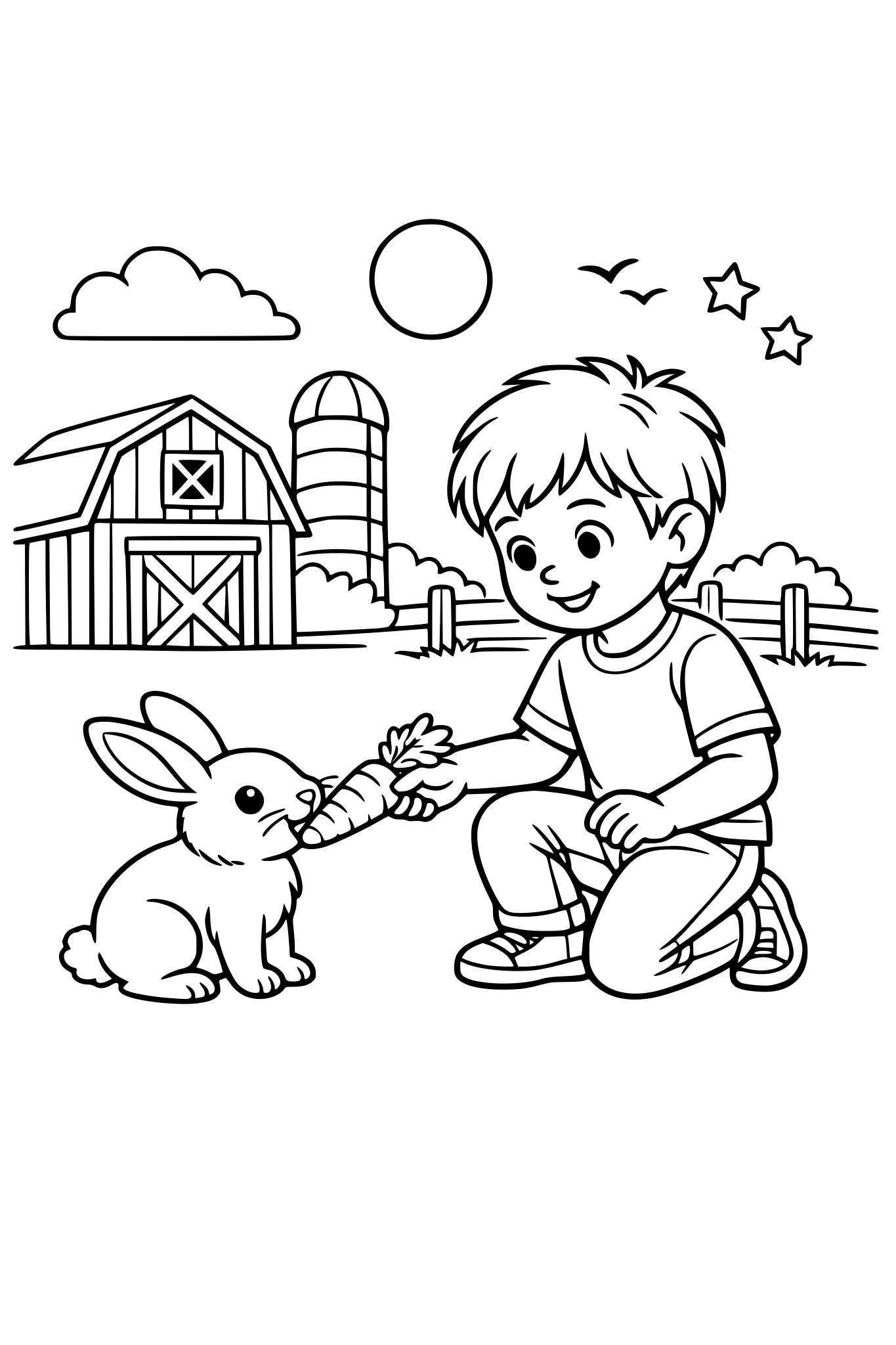 A young boy feeding a friendly rabbit a carrot in a farm setting.