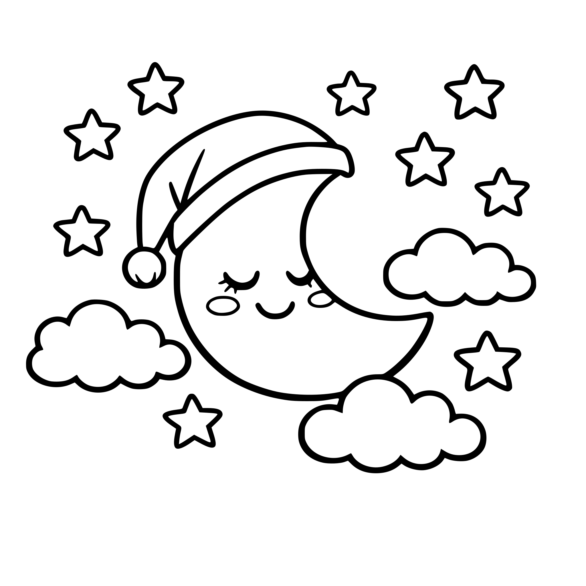Cute sleepy moon with a smiling face wearing a nightcap, surrounded by stars and clouds, simple line art, thick outlines, black and white coloring page for kids