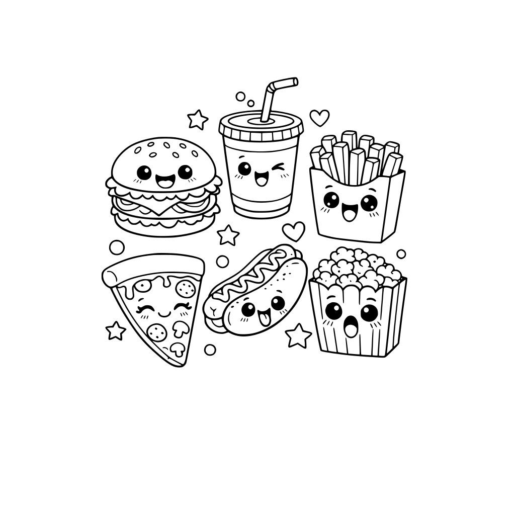 cute kawaii fast food items. burger, soda, fries, pizza, hot dog, pop corn. all with facial expressions. do not repeat facial expressions. do not repeat food items.