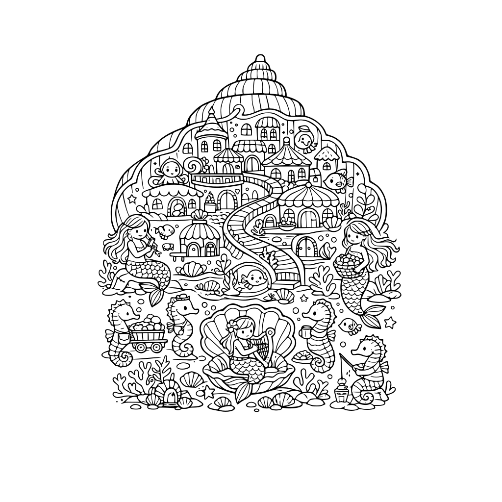 a whimsical underwater village inside a whimsical seashell with whimsical creatures and mermaids, whimsical coral reefs, and whimsical seahorses going about their daily whimsical lives