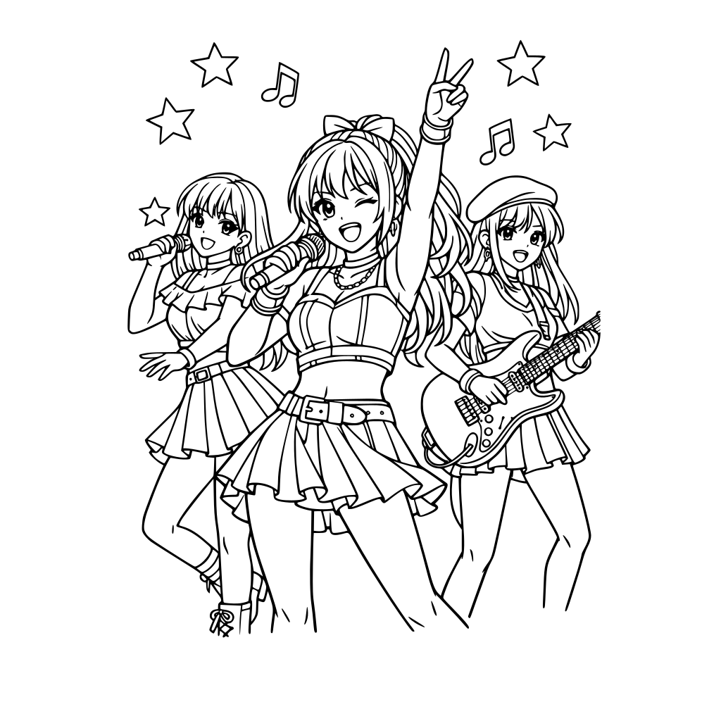 Portrait oriented coloring book page that is black and white with 3 k-pop singers performing at a concert. They are young female pop stars singing and dancing. One is playing an electric guitar. Fill the whole page top to bottom with great detail. Anime cartoon style.