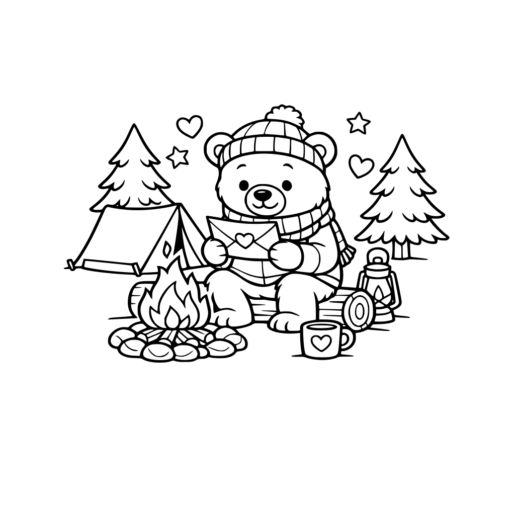 A cozy bear reading a Valentine's letter by a fire.among the trees in a camping ground sitting on a log.