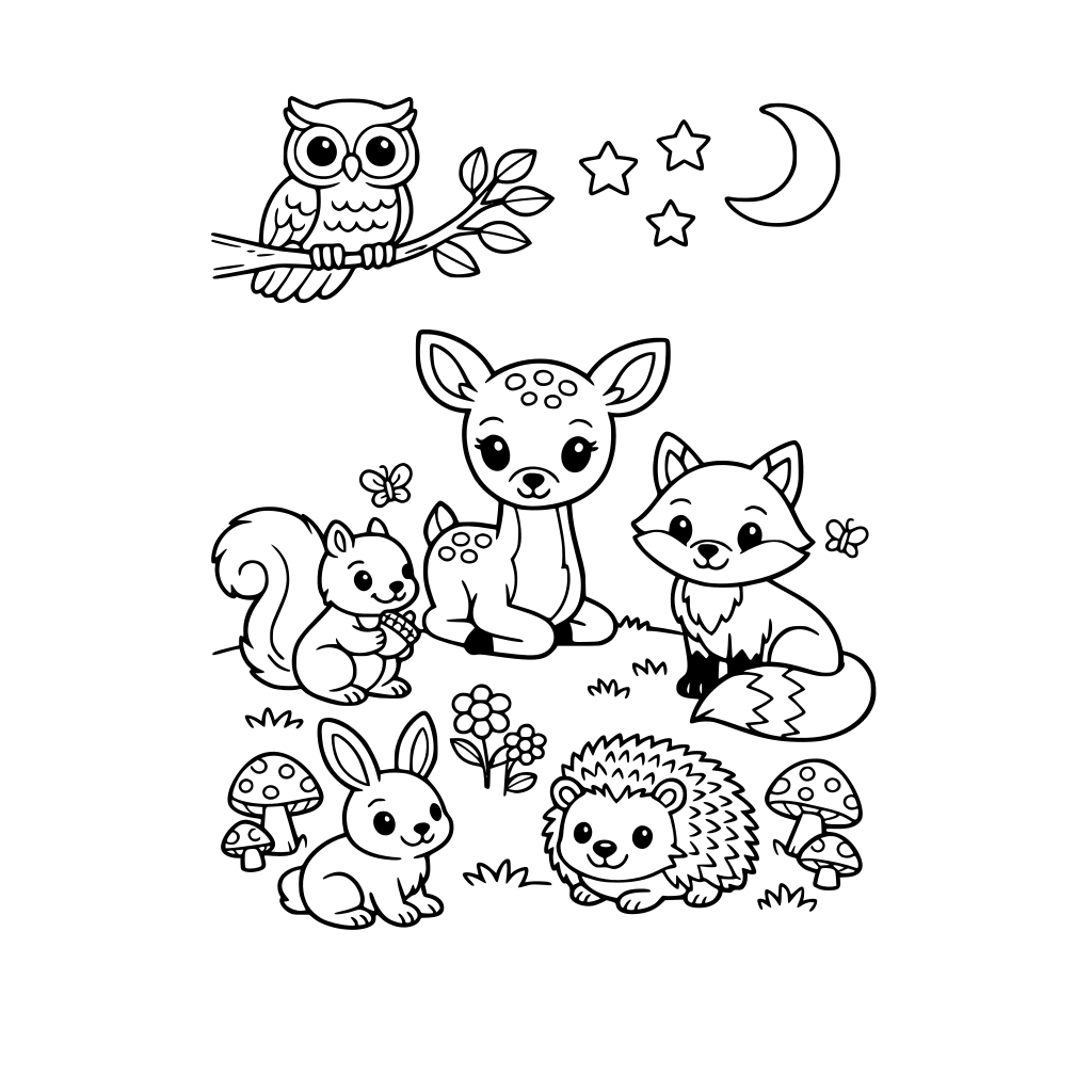 Storybook style woodland animals in wood