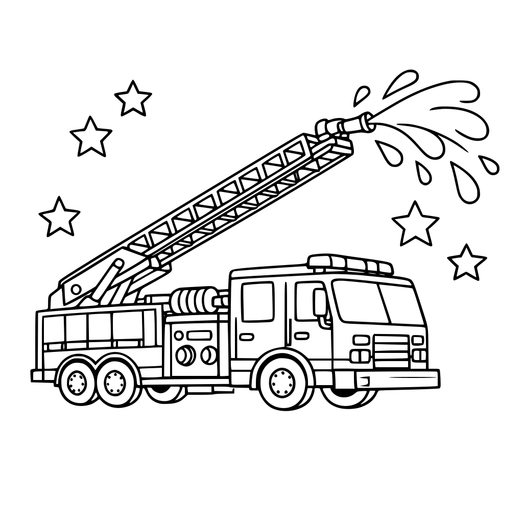 fire truck with ladder extended and simple water spray shapes.”