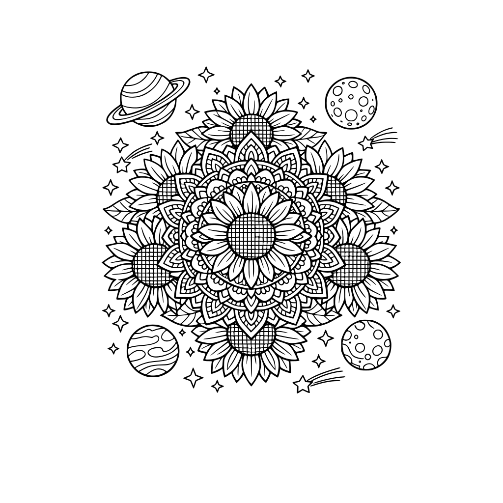 Intricate mandala with sunflowers with space in the background filled with galaxies and planets