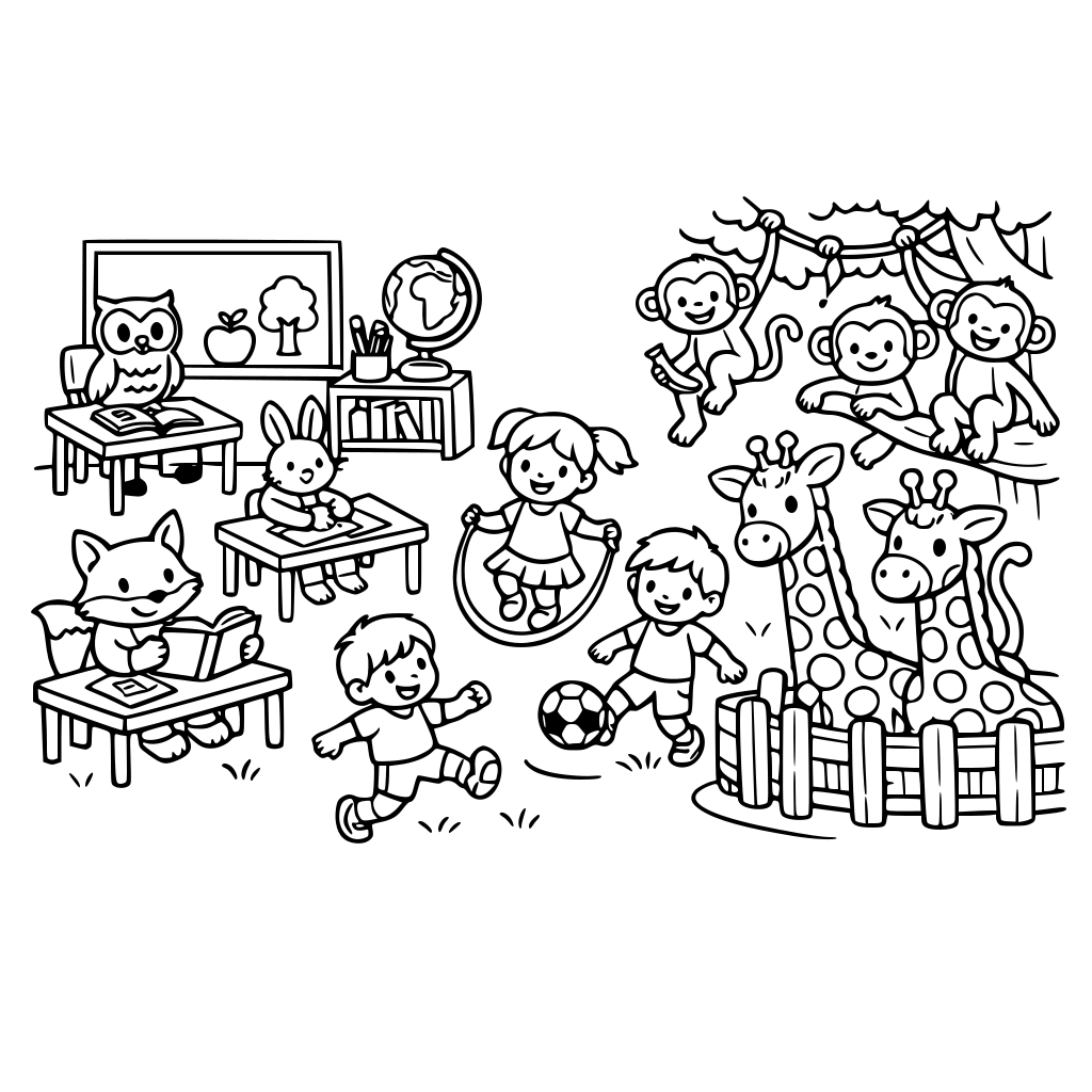 Tiere im Wald in einer Schule, Zoo mit Affen und Giraffen, Kinder beim Spielen