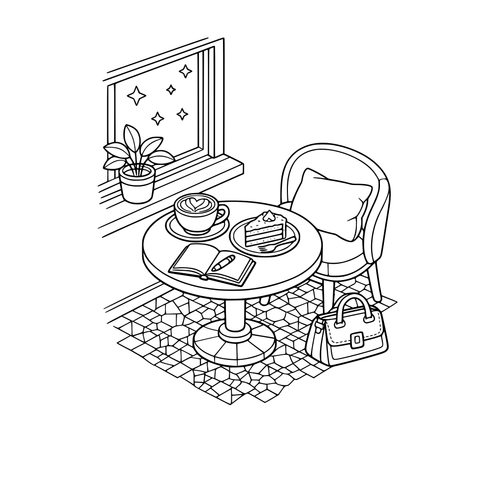 hygge style, cute and cozy, 3d isometric, café corner with small round table by window, latte with foam art, sliced cake on plate, open notebook, handbag on floor beside chair, potted plant on sill. mosaic floor.