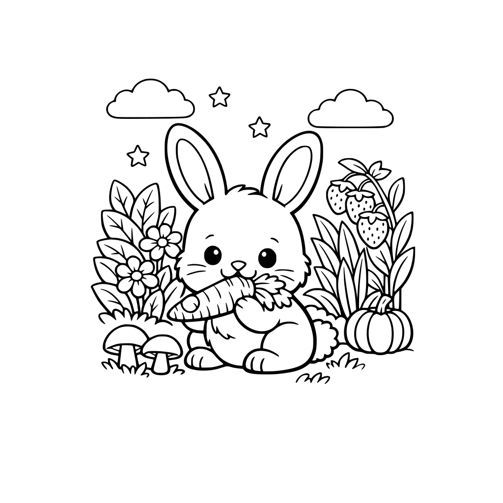 create me a picture of a bunny eating a carrot in a garden full of plants