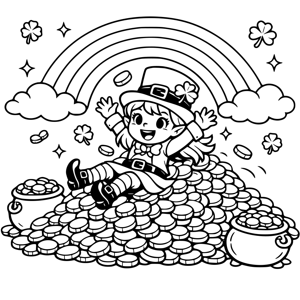 Square coloring book page that is black and white with a cute friendly leprechaun. She is sliding down a pile of gold coins. The background has a rainbow. Fill the whole page with great detail. Simple art bold and easy cartoon style.