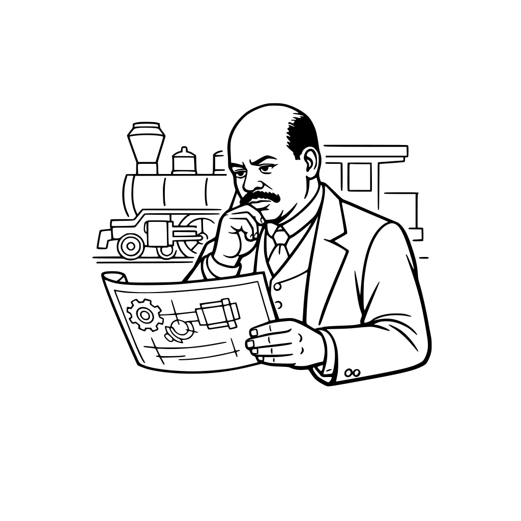 Granville T. Woods examining a blueprint or train component, thoughtful expression, minimal train outline in background.