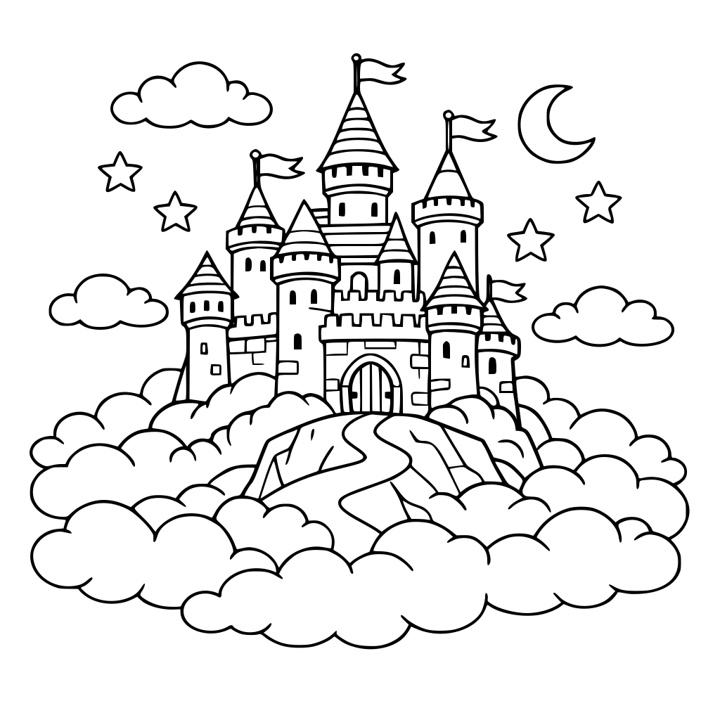 Un castillo en una colina rodeada de nubes.