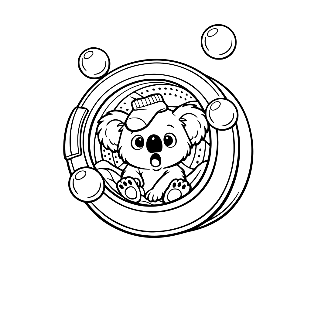 A cute koala sitting inside a front-loading washing machine drum that is slightly tilted as if spinning. The koala looks surprised with wide eyes and open mouth. One sock is stuck on top of his head. A few big soap bubbles floating around. Simple. Huge visual.