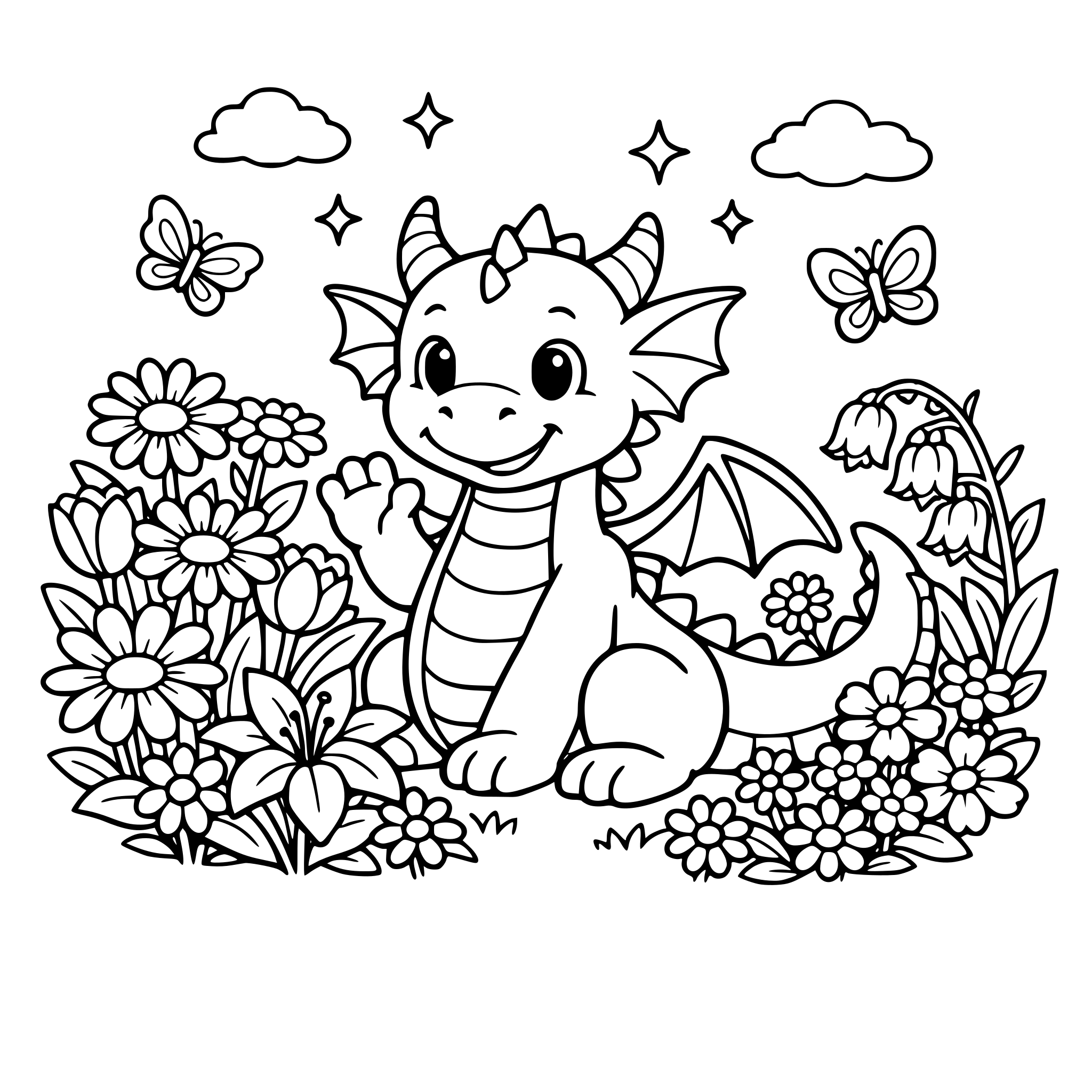 En vänlig drake i en blomsterträdgård