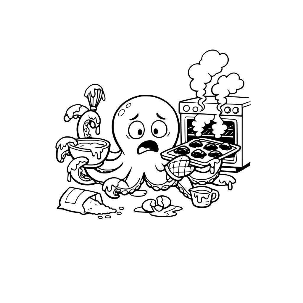 A funny octopus who tried baking and now has batter on every tentacle and smoke coming from the oven. Simple pic. no text