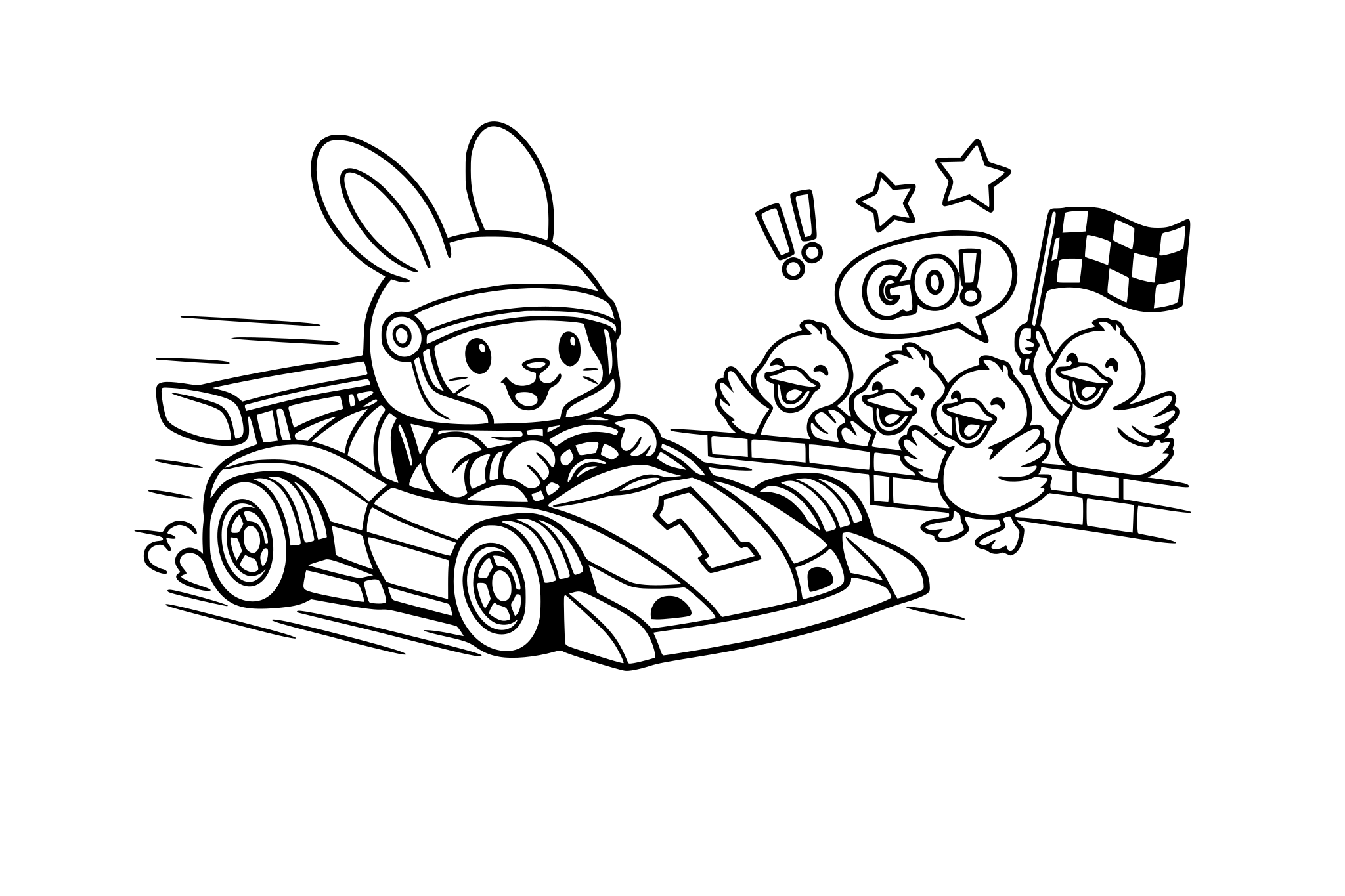 a bunny driving a race car with the ducks on the sideline cheering him on.
