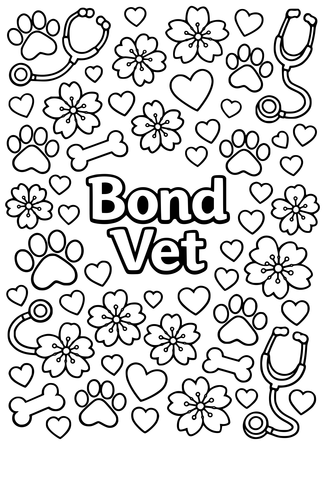 cute pattern of cherry blossoms, paw prints, hearts, bones, and stethoscopes, seamless pattern, black and white coloring page, thick outlines, ‘Bond Vet’ text in the center