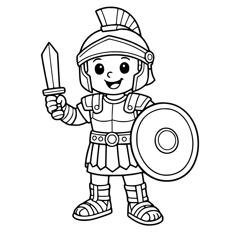 um soldado com capacete, couraça, cinto, sandalia, espada e escudo, desenho infantil e amigavel