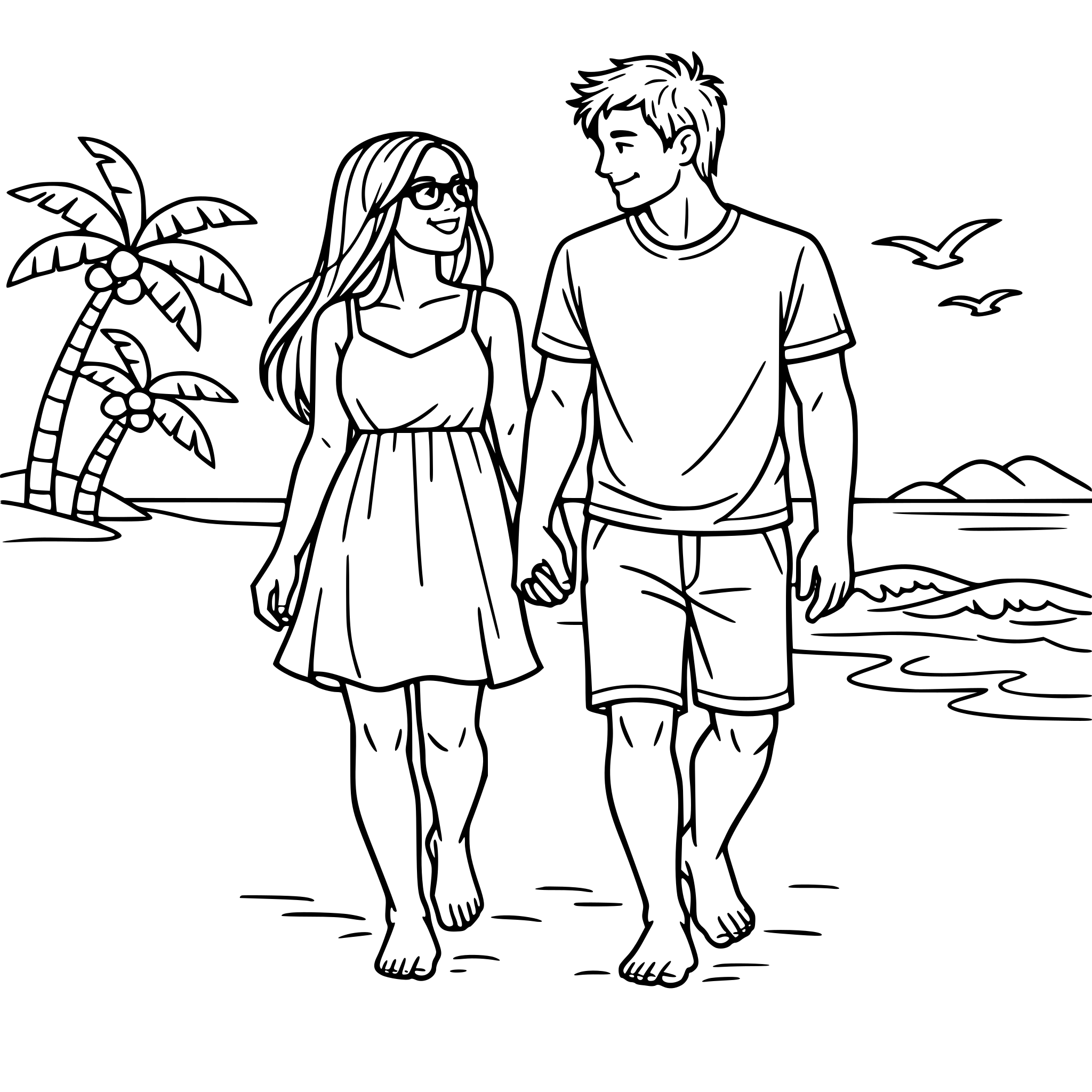 Crea a una chica con pelo largo y gafas de la mano de su chico rubio con pelo un poco despeinado y musculoso, ambos en la playa dando un paseo, ella con un vestido y los pies descalzos y el con un pantalón corto y una camiseta, hazlos paseando y mirándose uno al otro