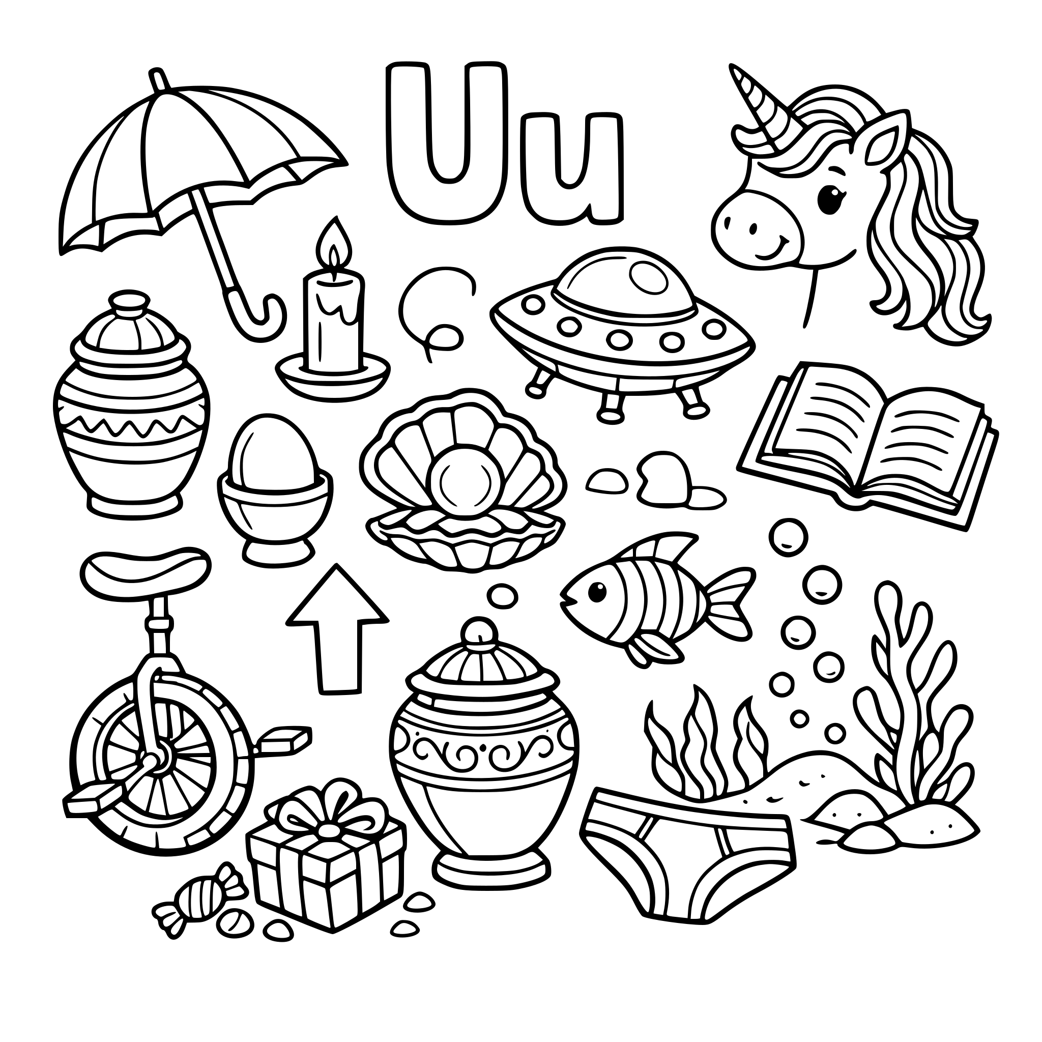 I would like an ispy coloring page where “Uu” words are hidden for kids to find and color