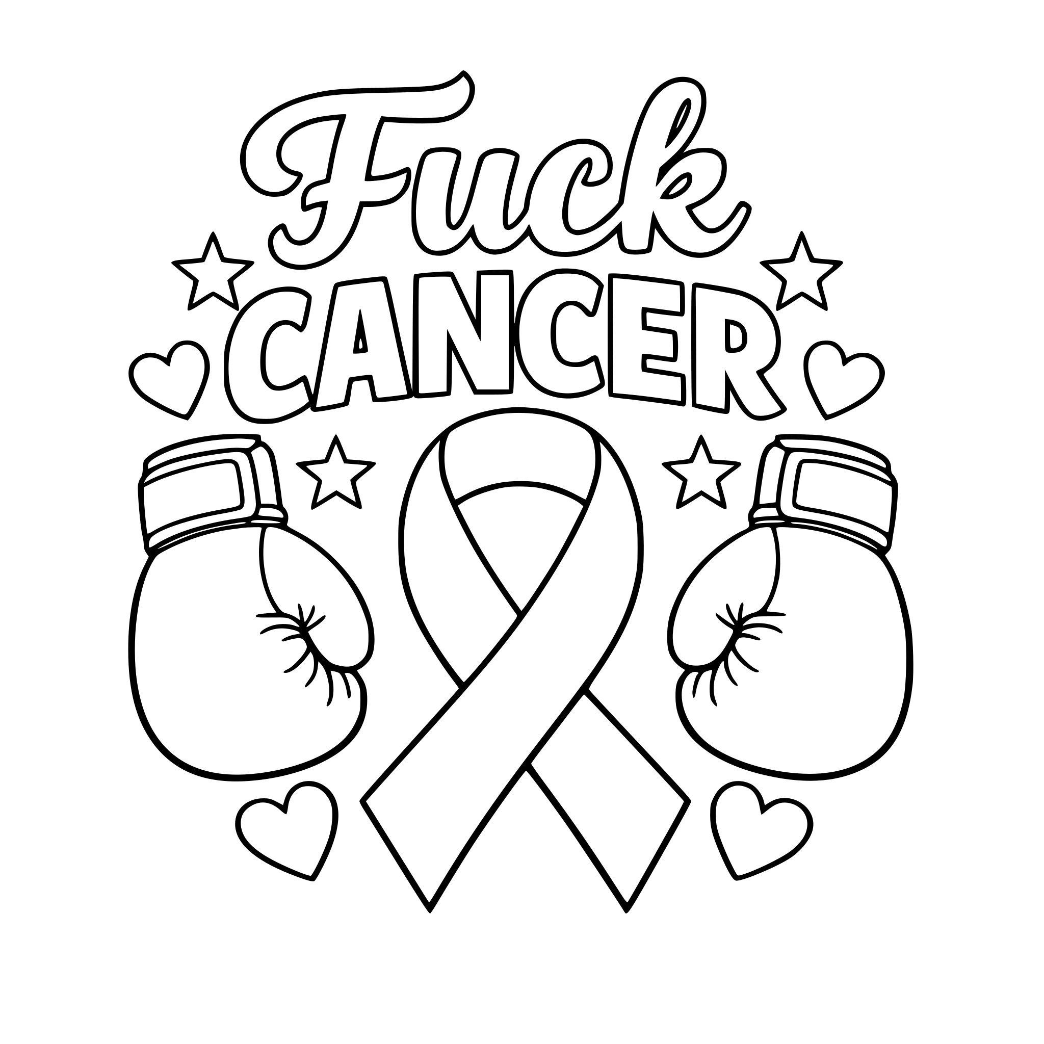 Outlined Fuck cancer with cancer ribbon, boxing gloves and hearts