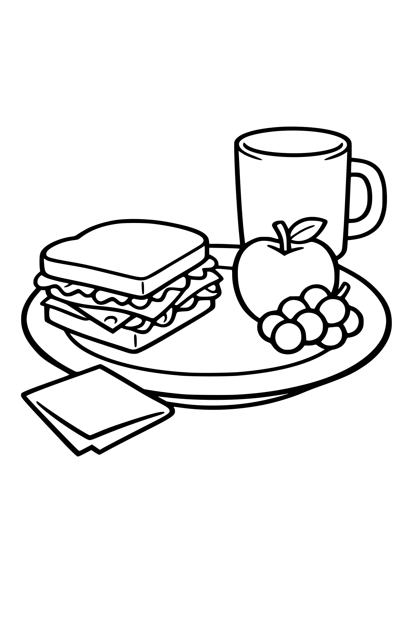 One simple meal scene: plate sandwich fruit cup napkin Design note: Big open coloring spaces. Thick outlines