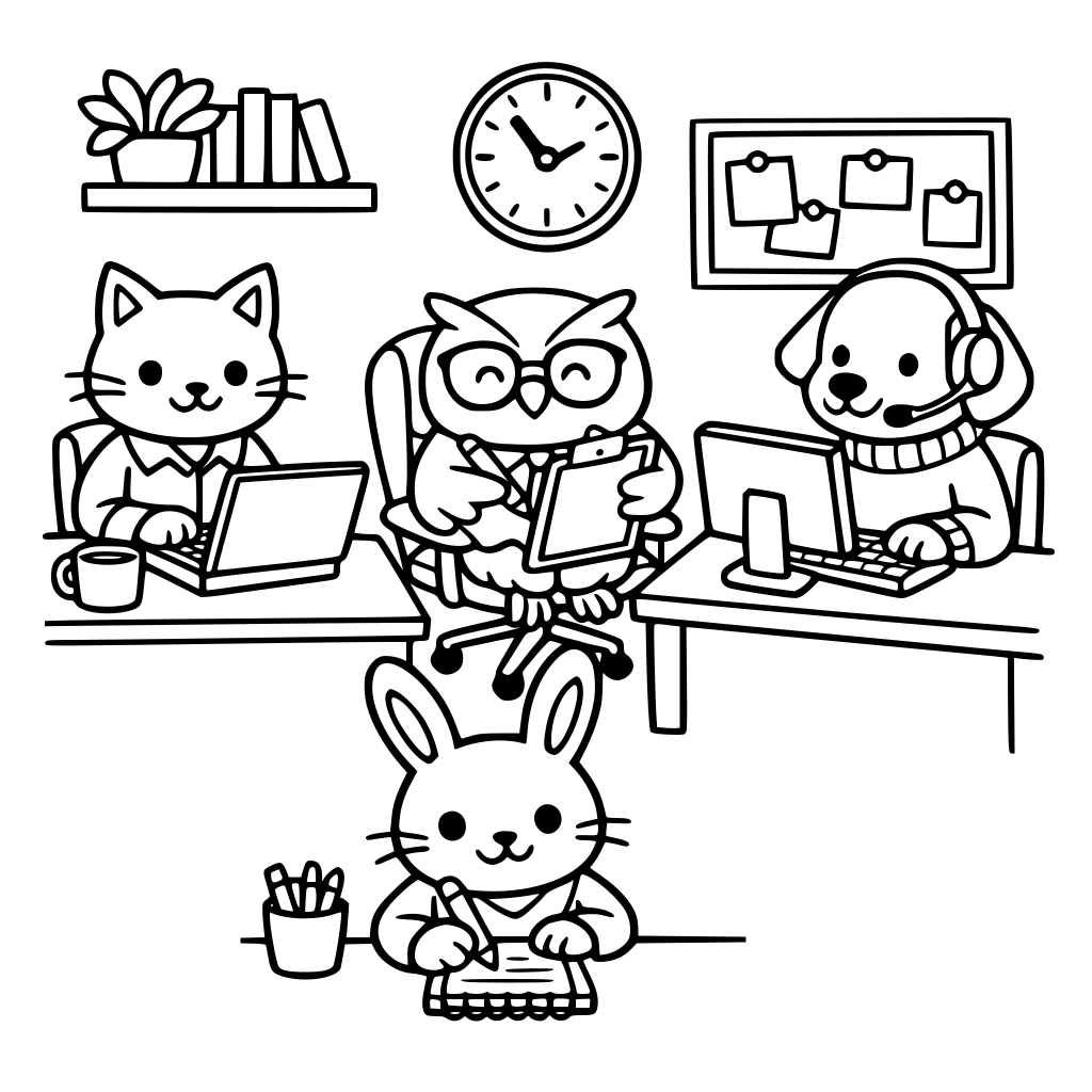 animals working in a cozy office