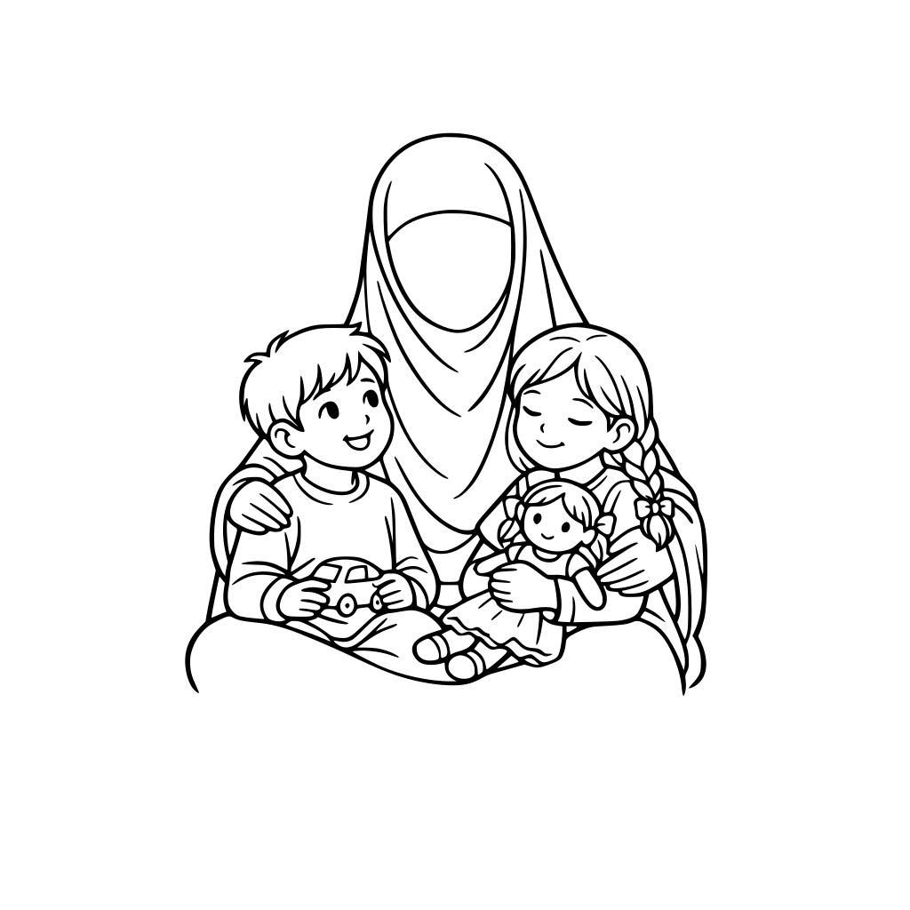 femme voilé sans traits visage avec enfants