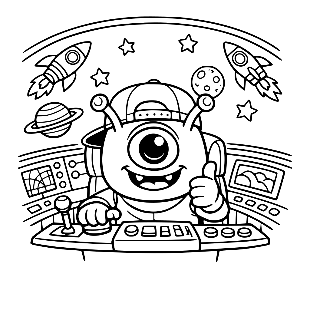 one eyed martian with a cap in a spaceship